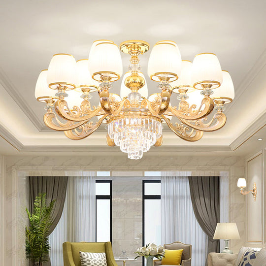 White Frosted Glass Chandelier With Crystal Accent - Classic Pendant Light For Bedroom