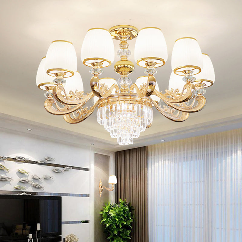 White Frosted Glass Chandelier With Crystal Accent - Classic Pendant Light For Bedroom