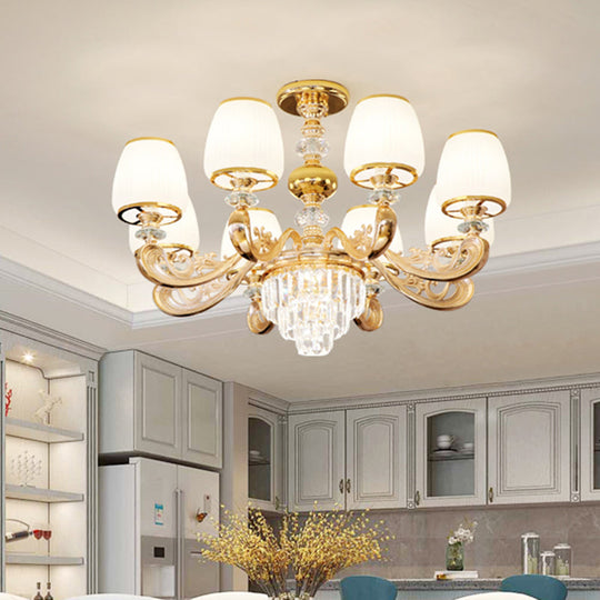 White Frosted Glass Chandelier With Crystal Accent - Classic Pendant Light For Bedroom