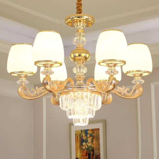 White Frosted Glass Chandelier With Crystal Accent - Classic Pendant Light For Bedroom