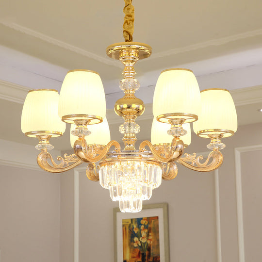 White Frosted Glass Chandelier With Crystal Accent - Classic Pendant Light For Bedroom