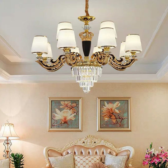 White Glass Tapered Ceiling Chandelier With Layered Crystal Décor - Traditional Living Room Lighting