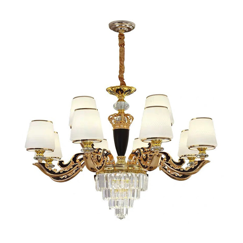 White Glass Tapered Ceiling Chandelier With Layered Crystal Décor - Traditional Living Room Lighting