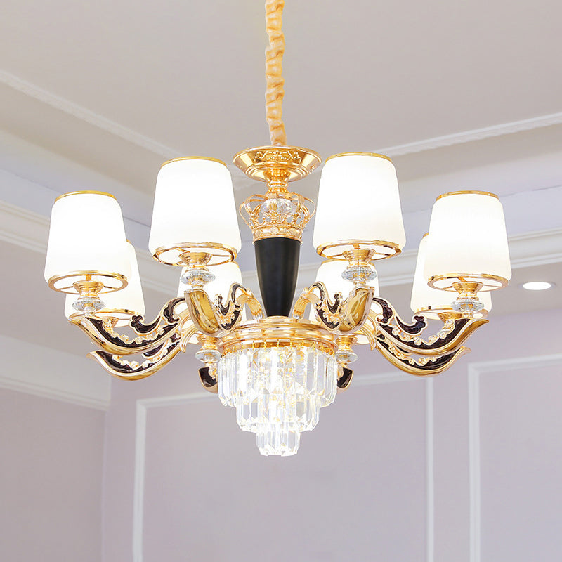 White Glass Tapered Ceiling Chandelier With Layered Crystal Décor - Traditional Living Room Lighting