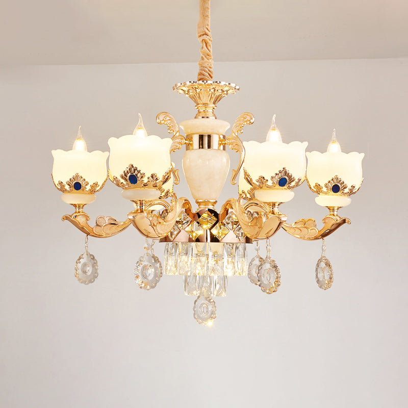 Vintage Floral Chandelier Pendant Light With Crystal - Cream Glass And Gold Finish