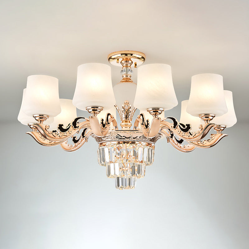 Retro White Glass Chandelier Pendant Light For Living Room With Tapered Shade 10 / Crystal