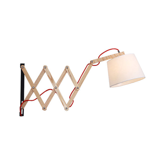 White Wall Lamp With Extendable Arm - Cylinder Fabric Shade Sconce For Living Room