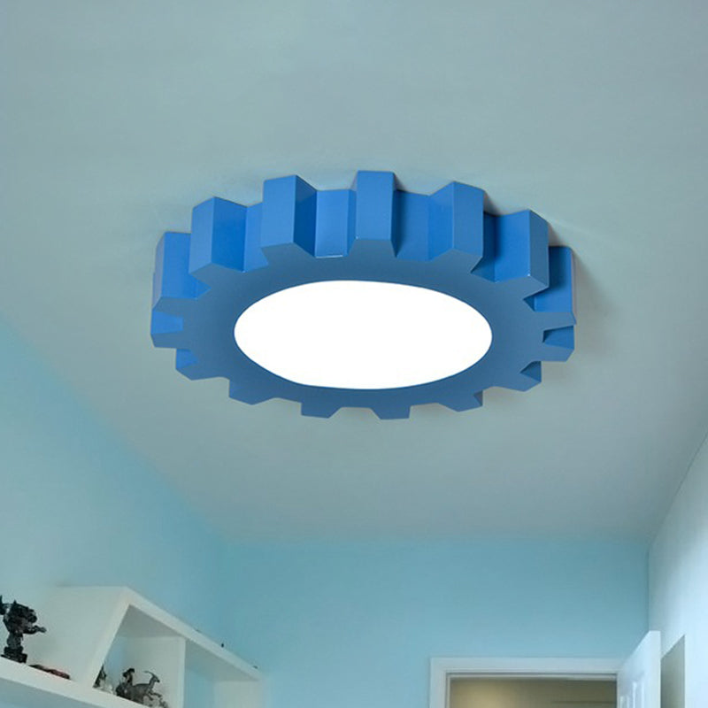 Cartoon Metallic Blue Led Flush Mount Fixture With Gear Shape - Perfect For Nursery Lighting