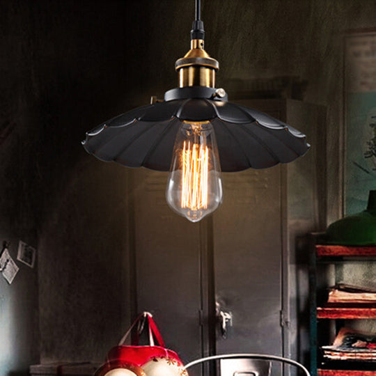 Retro Style Single-Bulb Black Metal Pendant Ceiling Light- Scalloped Cone Design For Restaurants /