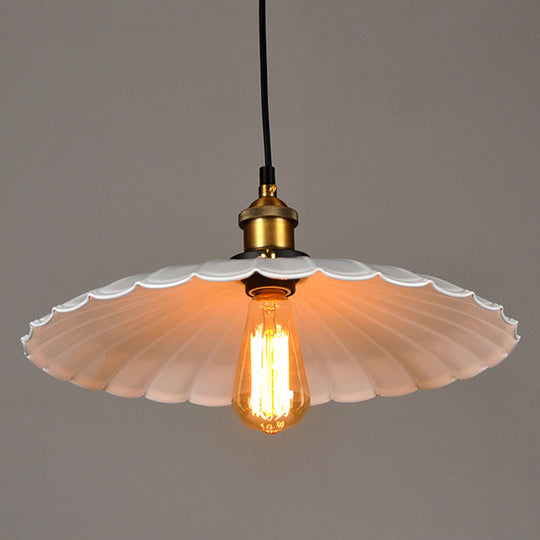 White Industrial Metal Scalloped Umbrella Pendant Light - Single Ceiling Hanging / 16.5