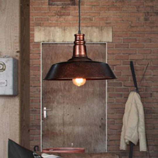 1-Light Retro Rust Pot Lid Pendant Light For Restaurants - Metallic Ceiling Hanging Fixture