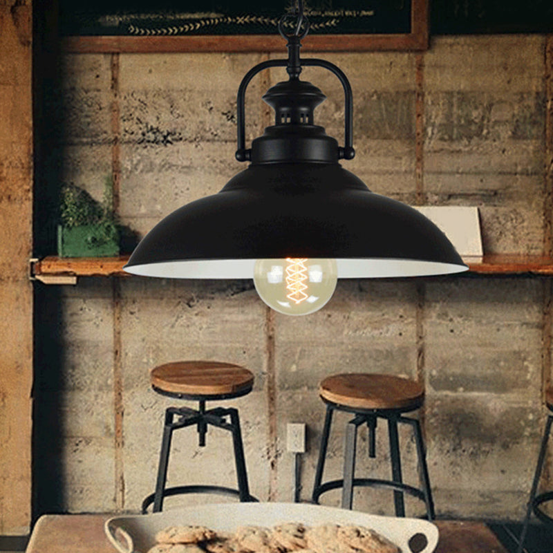 Industrial Metal Pendant Light With Handle - Ceiling Mount For Dining Room Black Outer & White Inner