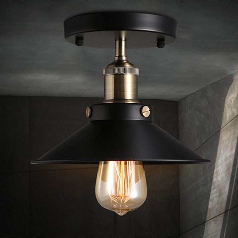 Industrial Black Flared Shade Semi Flush Ceiling Light With 1 Bulb - Corridor Mount