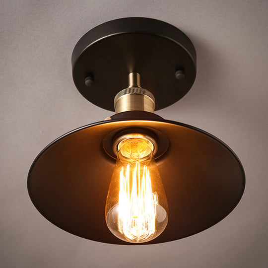 Industrial Black Flared Shade Semi Flush Ceiling Light with 1 Bulb - Corridor Flush Mount