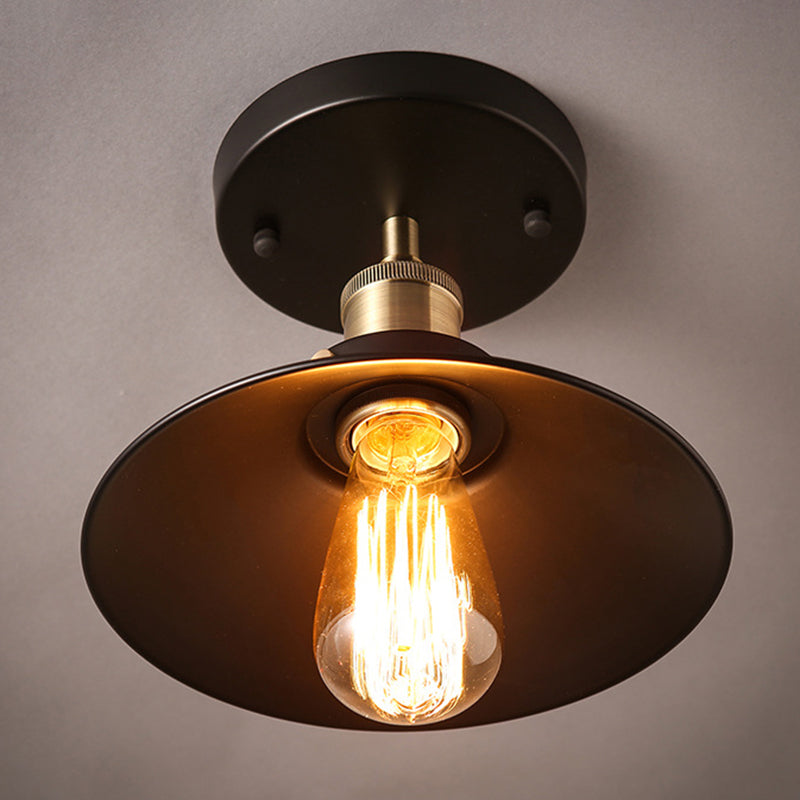 Industrial Black Flared Shade Semi Flush Ceiling Light With 1 Bulb - Corridor Mount