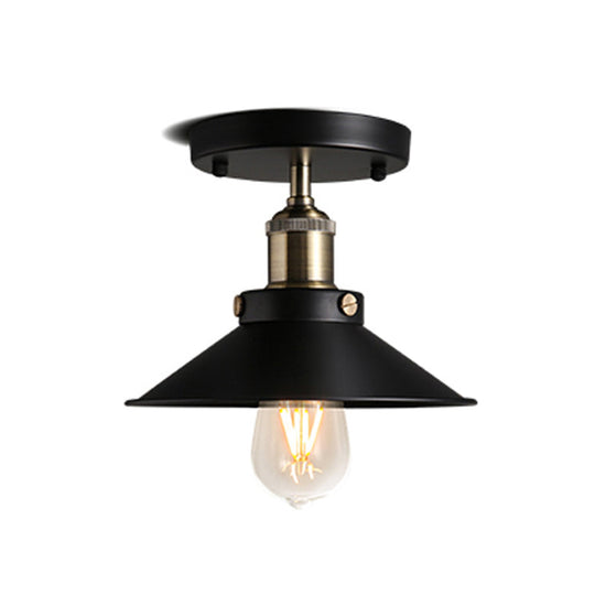 Industrial Black Flared Shade Semi Flush Ceiling Light with 1 Bulb - Corridor Flush Mount