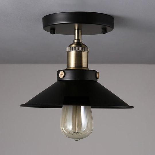 Industrial Black Flared Shade Semi Flush Ceiling Light with 1 Bulb - Corridor Flush Mount