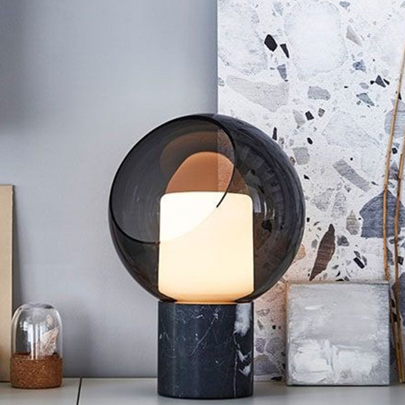 Black Led Table Lamp With Marble Base And Smoked Globe Glass Shade - Postmodern Nightstand Light