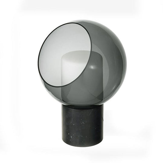 Black Led Table Lamp With Marble Base And Smoked Globe Glass Shade - Postmodern Nightstand Light