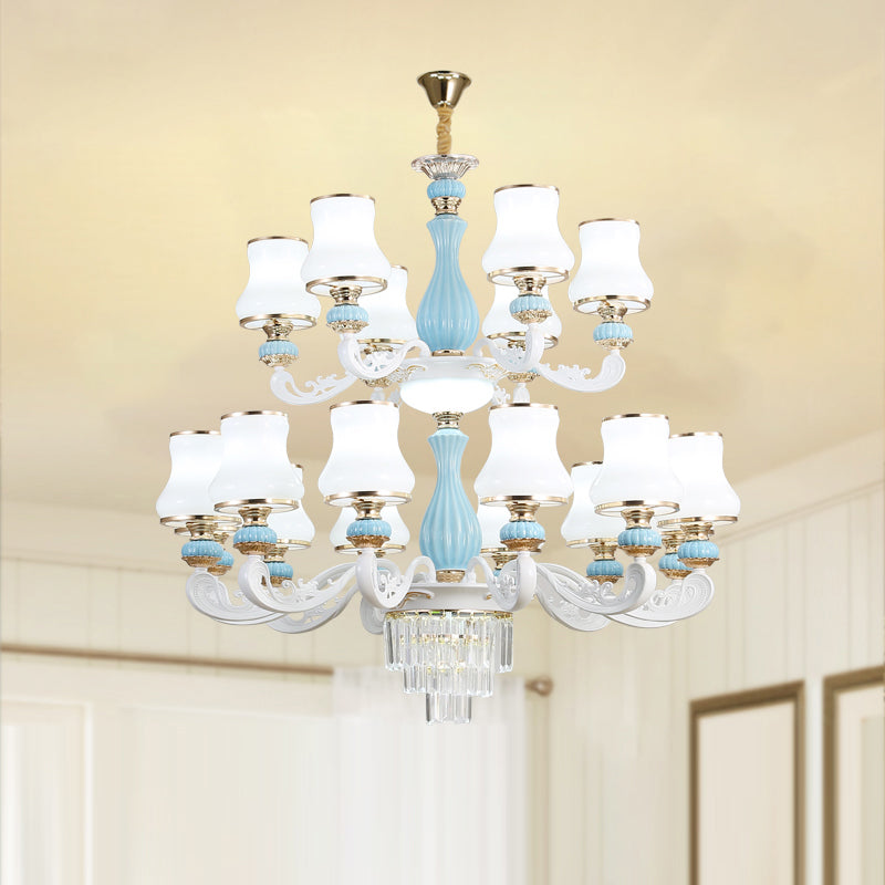 Classic Cream Glass Blue Bedroom Chandelier Light With Crystal Accents 18 /