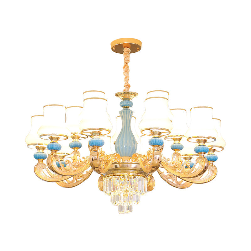 Classic Cream Glass Blue Bedroom Chandelier Light With Crystal Accents