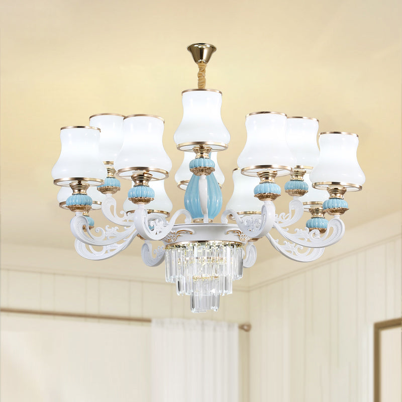 Classic Cream Glass Blue Bedroom Chandelier Light With Crystal Accents 12 /