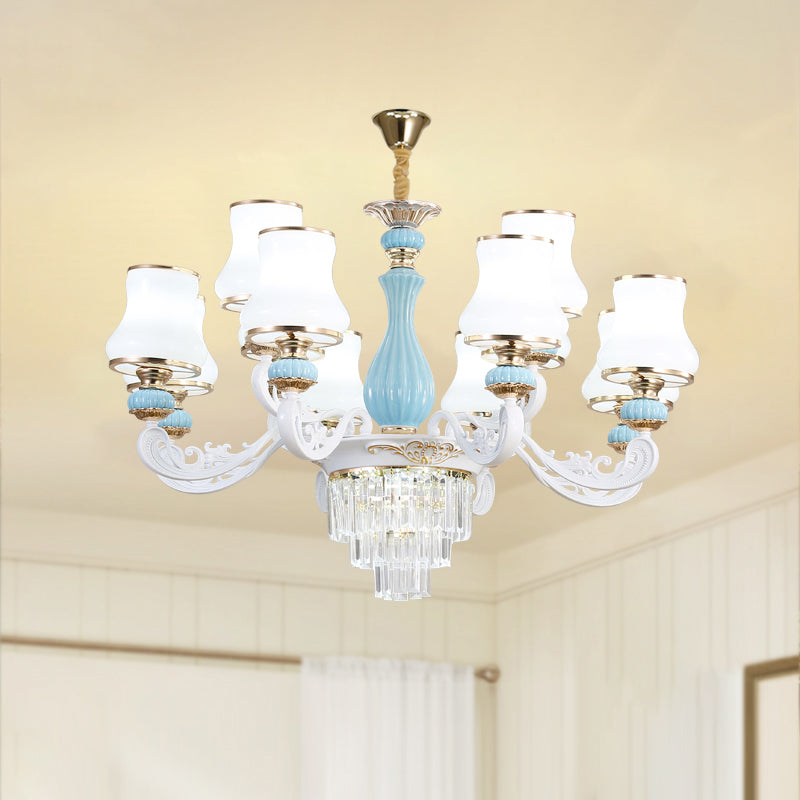 Classic Cream Glass Blue Bedroom Chandelier Light With Crystal Accents