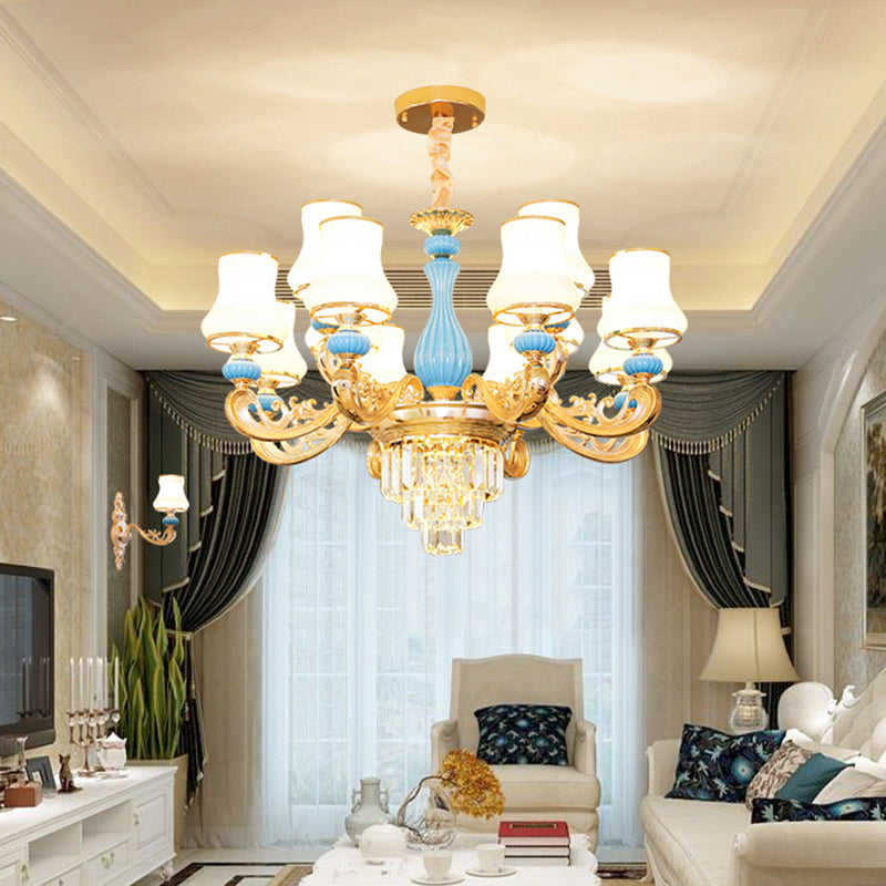 Classic Cream Glass Blue Bedroom Chandelier Light With Crystal Accents