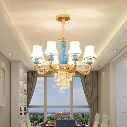 Classic Cream Glass Blue Bedroom Chandelier Light With Crystal Accents