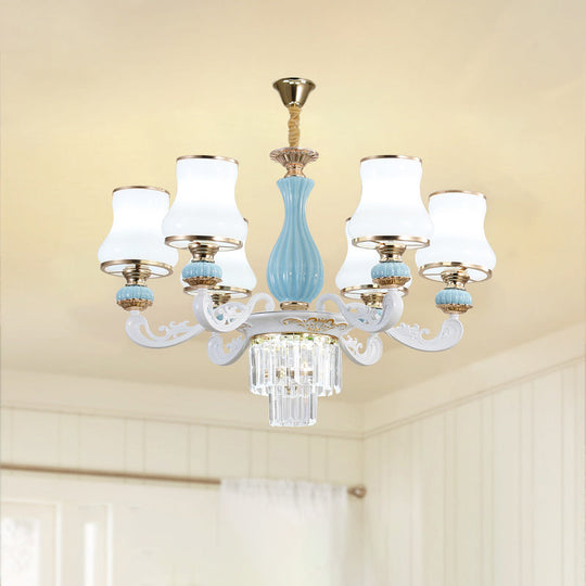 Classic Cream Glass Blue Bedroom Chandelier Light With Crystal Accents