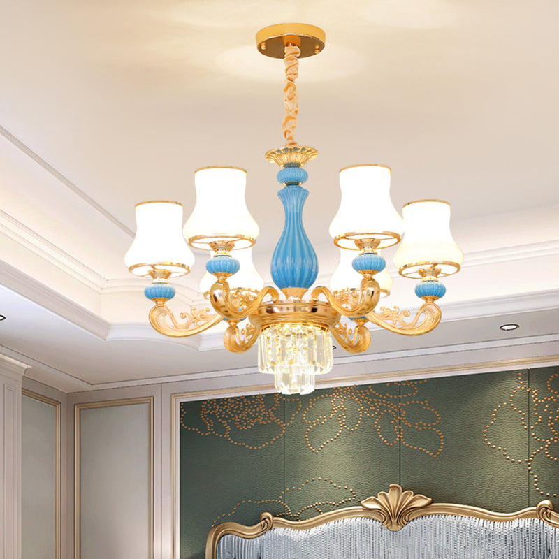 Classic Cream Glass Blue Bedroom Chandelier Light With Crystal Accents