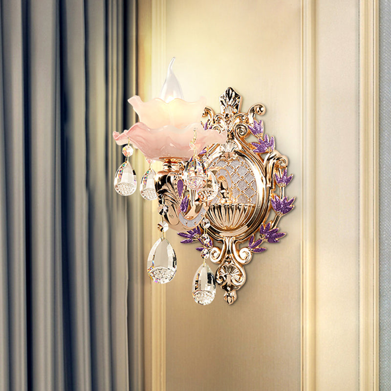 Retro Pink Floral Chandelier Pendant Light With Ruffle Accents Opaque Glass & Hanging Crystal For