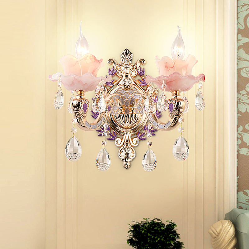 Retro Pink Floral Chandelier Pendant Light With Ruffle Accents Opaque Glass & Hanging Crystal For