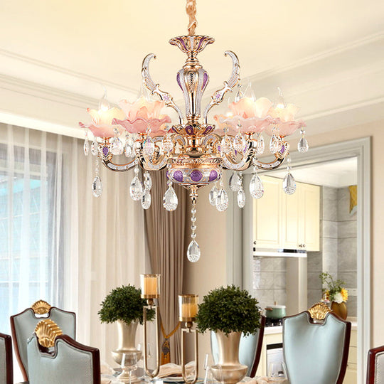 Retro Pink Floral Chandelier Pendant Light With Ruffle Accents Opaque Glass & Hanging Crystal For