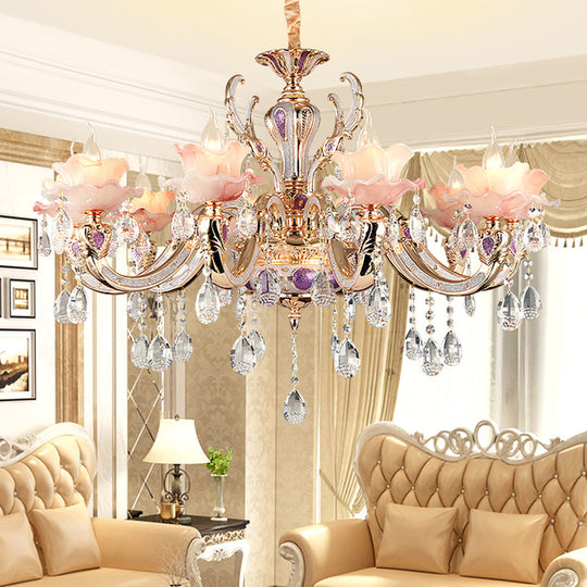 Retro Pink Floral Chandelier Pendant Light With Ruffle Accents Opaque Glass & Hanging Crystal For