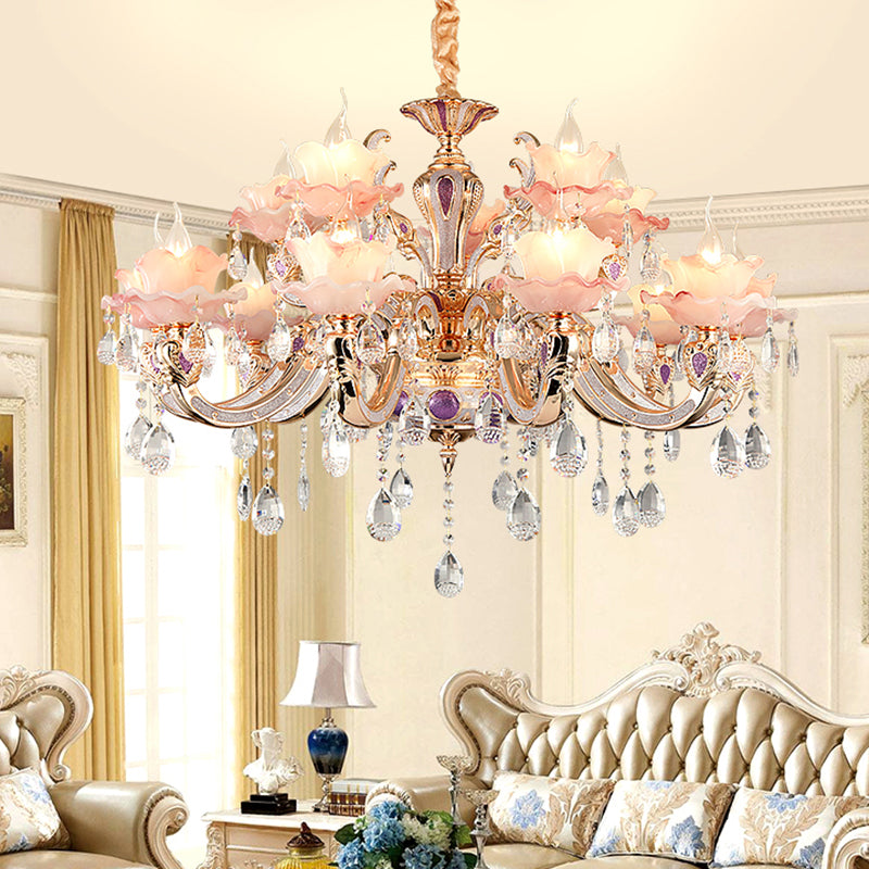 Retro Pink Floral Chandelier Pendant Light With Ruffle Accents Opaque Glass & Hanging Crystal For