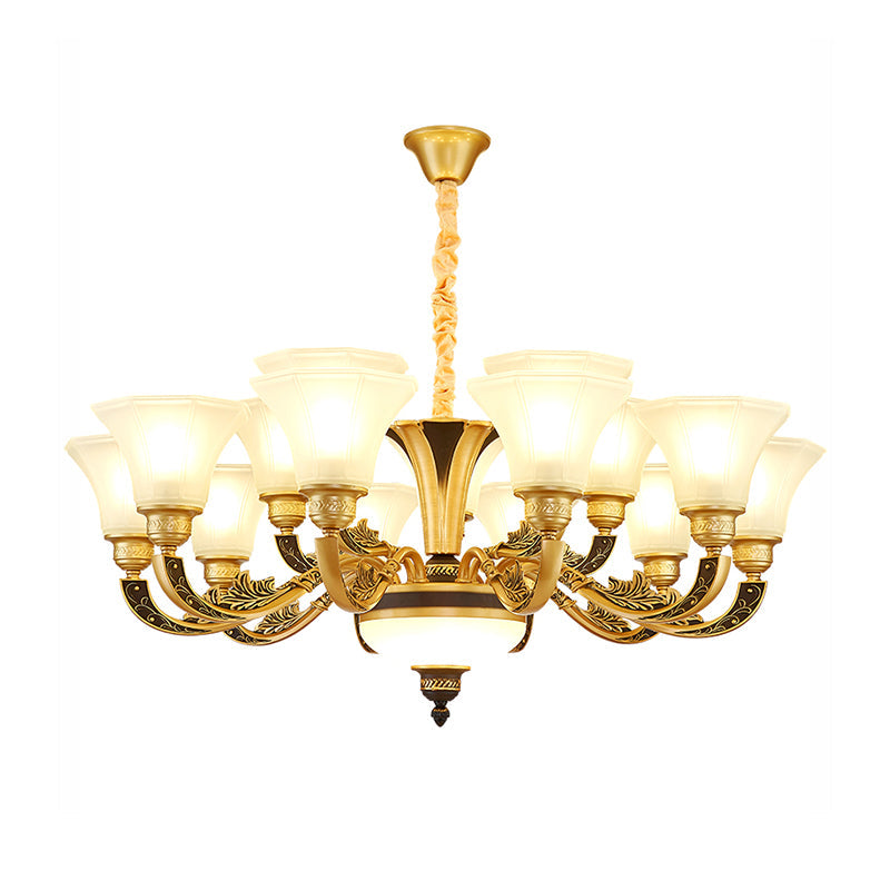 Vintage Flared Suspension Chandelier For Living Room - Cream Frosted Glass Light