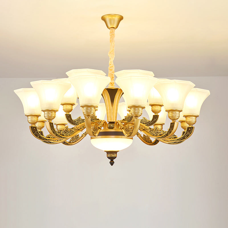 Vintage Flared Suspension Chandelier For Living Room - Cream Frosted Glass Light 18 /