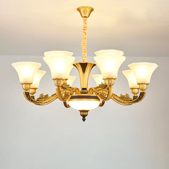 Vintage Flared Suspension Chandelier For Living Room - Cream Frosted Glass Light 12 /