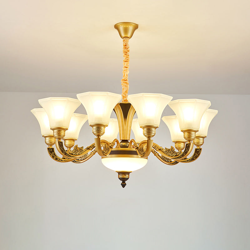 Vintage Flared Suspension Chandelier For Living Room - Cream Frosted Glass Light