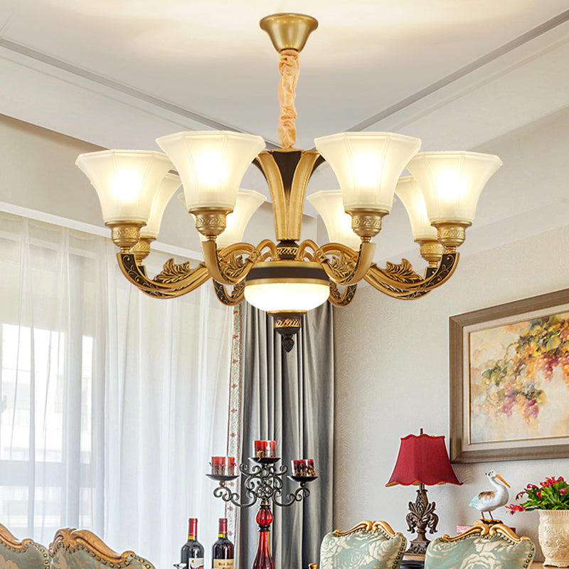 Vintage Flared Suspension Chandelier For Living Room - Cream Frosted Glass Light