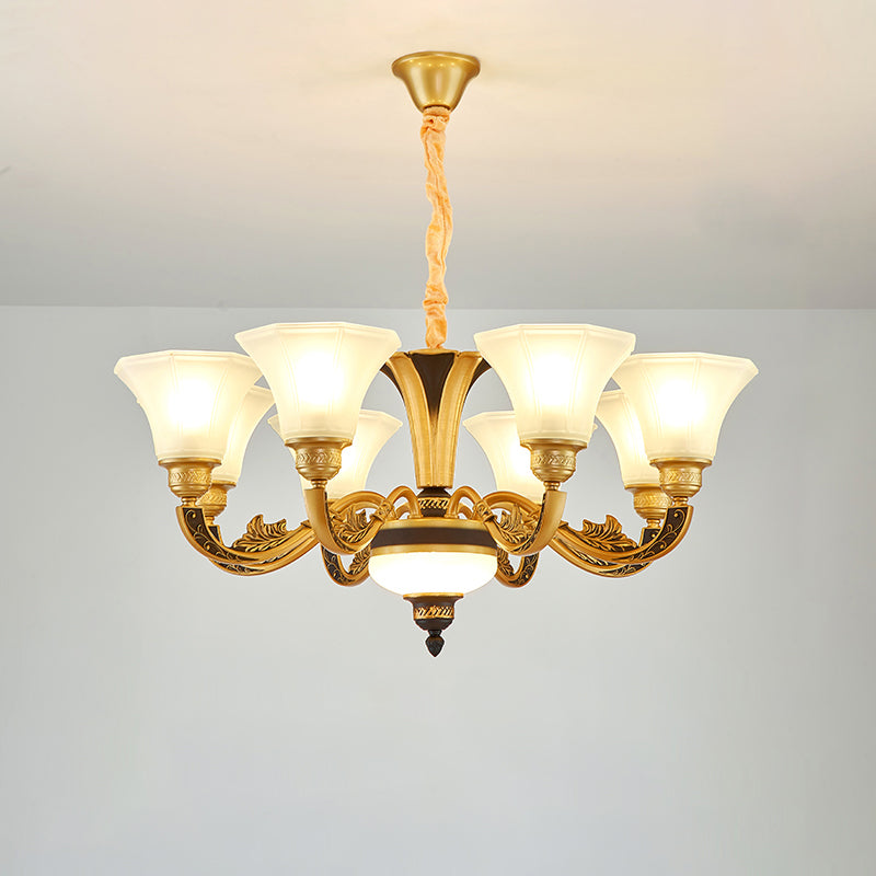 Vintage Flared Suspension Chandelier For Living Room - Cream Frosted Glass Light