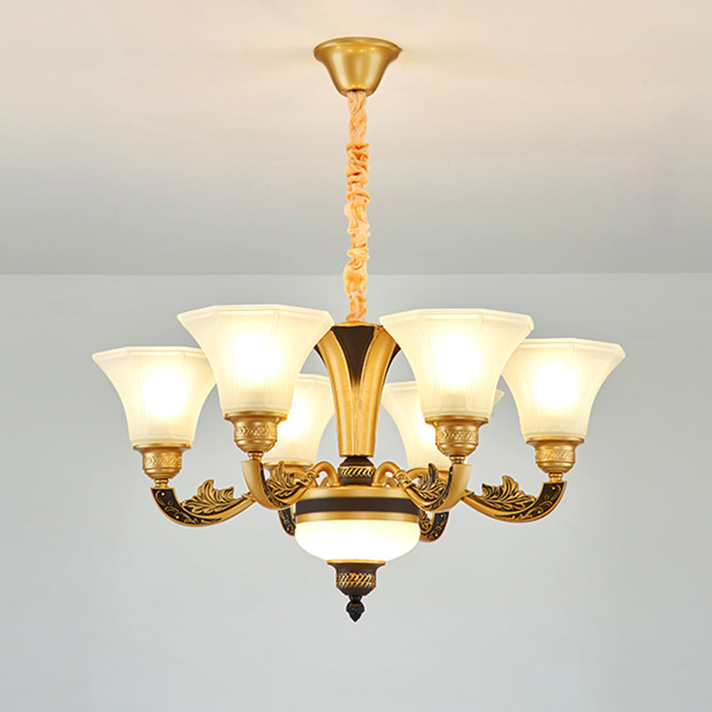 Vintage Flared Suspension Chandelier For Living Room - Cream Frosted Glass Light 6 /