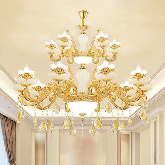 Gold Opaque Glass Bud Ceiling Light With Crystal Draping - Traditional Living Room Chandelier