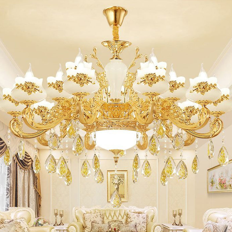 Gold Opaque Glass Bud Ceiling Light With Crystal Draping - Traditional Living Room Chandelier