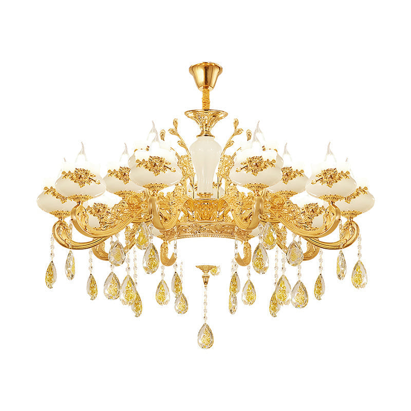 Gold Opaque Glass Bud Ceiling Light With Crystal Draping - Traditional Living Room Chandelier