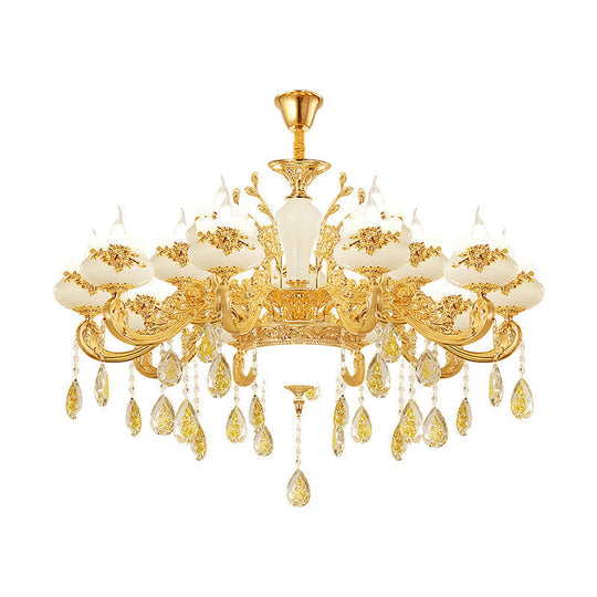 Gold Opaque Glass Bud Ceiling Light With Crystal Draping - Traditional Living Room Chandelier