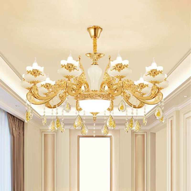 Gold Opaque Glass Bud Ceiling Light With Crystal Draping - Traditional Living Room Chandelier 10 /