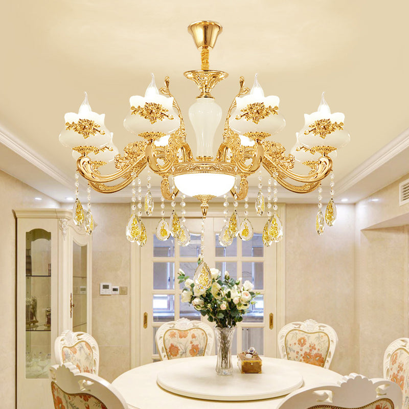 Gold Opaque Glass Bud Ceiling Light With Crystal Draping - Traditional Living Room Chandelier