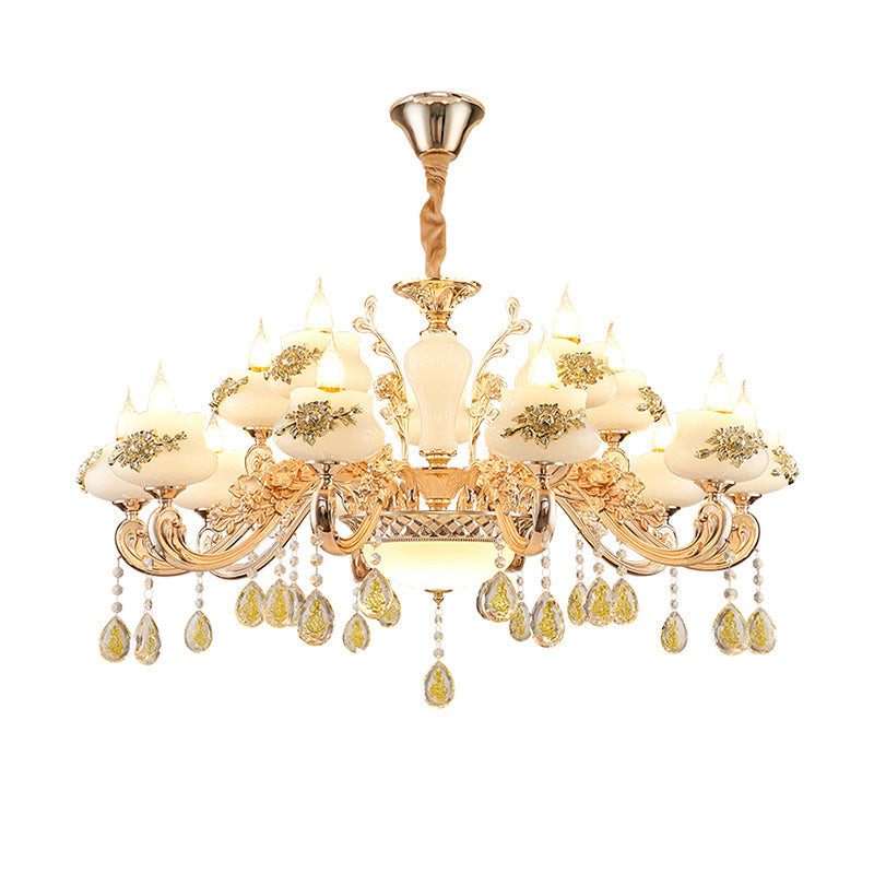 Vintage Imitation Jade Gold Chandelier Pendant Light With Crystal Accent